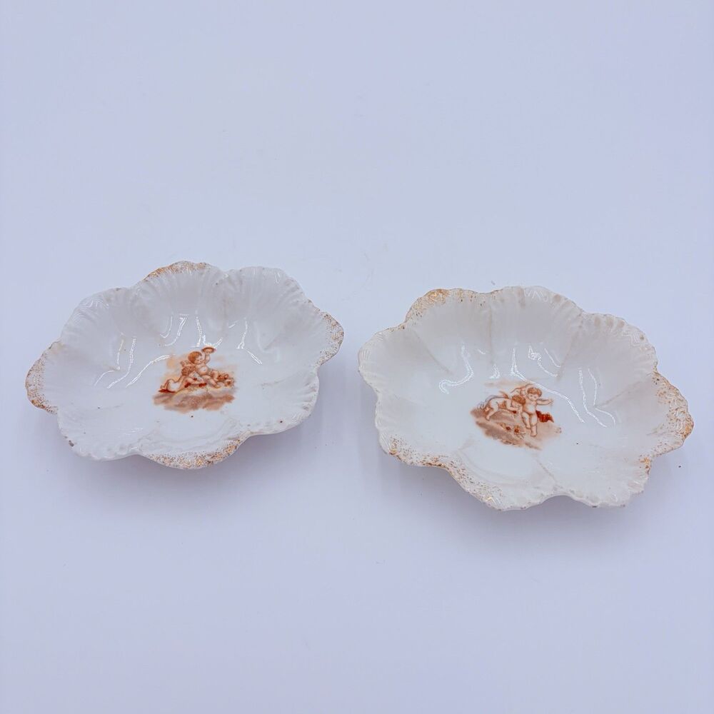 Carlsbad China Austria Cherub Scalloped Bowls Pair Gold Trim Porcelain